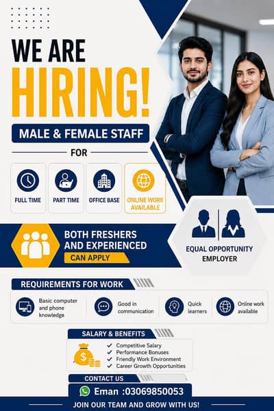 We are hiring staff male and female for full time and part time