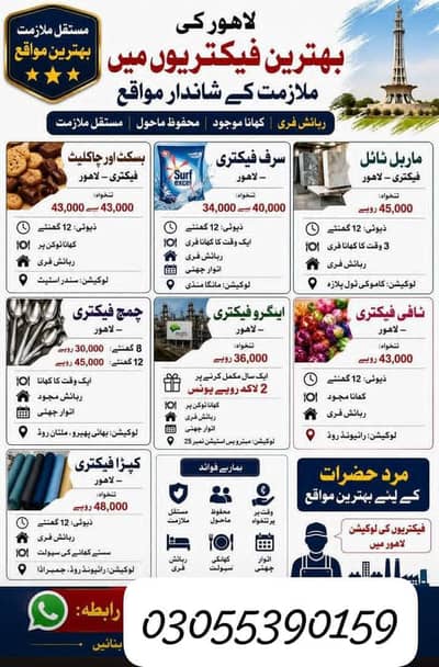 Need urgent staff Differents packing factory in lahore