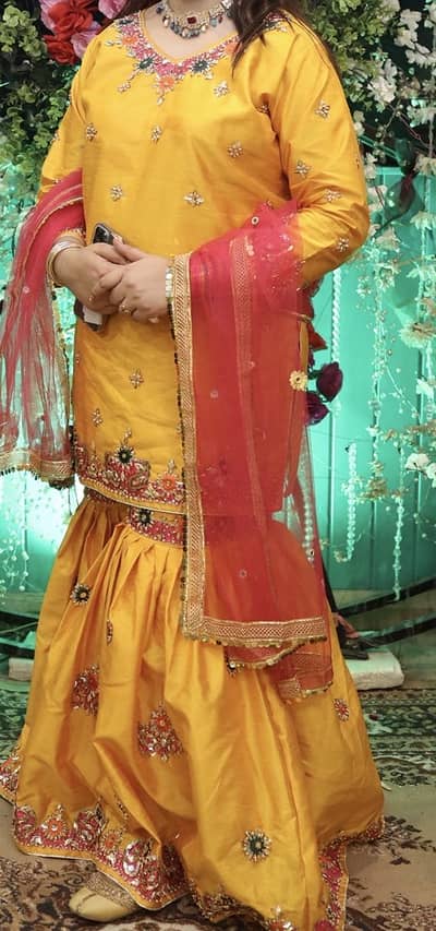 Beautiful Mustard Yellow Embroidered Formal Dress with Red Dupatta 