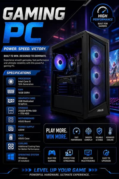 Gaming PC/Core i5 12th Gen/16GB RAM /4GB Graphics /256GB NVMe/1TB HDD