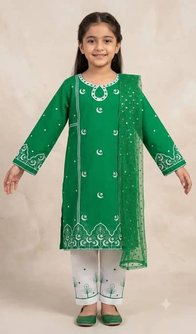 Girls 3 Pcs 14 August Cotton Embroidered Suit (Size 5-6 Years)