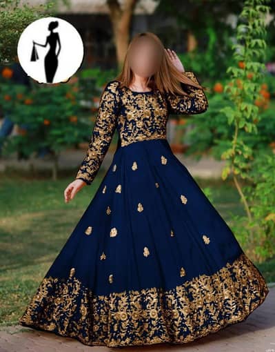 Elegant Navy Blue Golden Embroidered Maxi