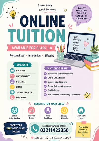 Online tuition available for class 1-8