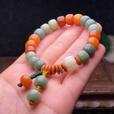 Vintage Duobao Bodhi Root Bracelet Orange Green White
