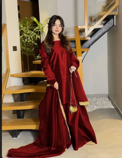 Women's Silk Long Flare Sharara Suit 3 Piece Set with Four Side Lace W