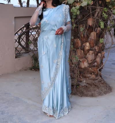 sky blue saree Silk-Satin