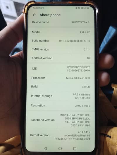 Huawei Y9a urgent sale 03046249737
