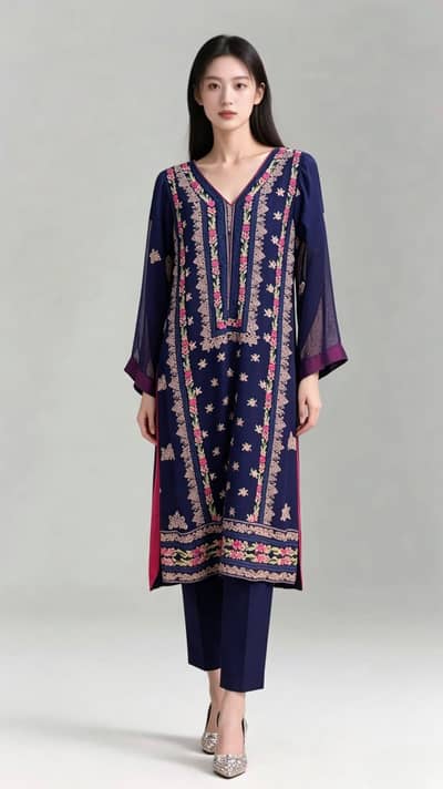 Elegant Blue Embroidered 3-Piece Stitched Suit