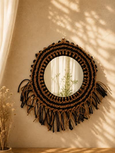 Handmade Black & Golden Macrame Wall Mirror | Boho Home Decor