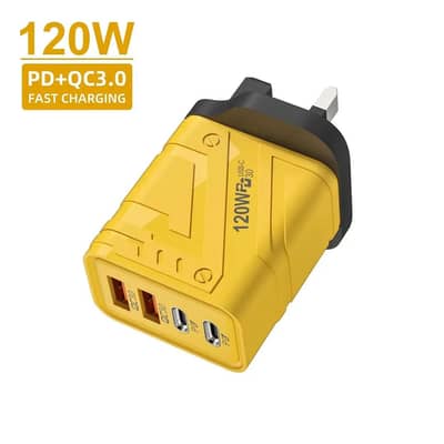 120W Fast Charging Yellow Travel Adapter With 4 Ports.
