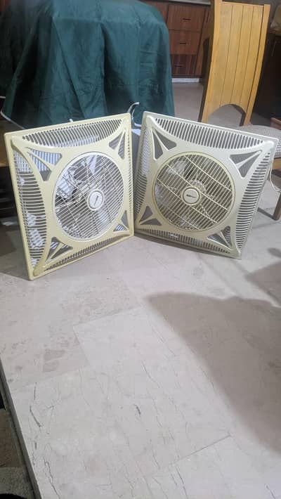 tow false ceiling fans and one wall bracket fan