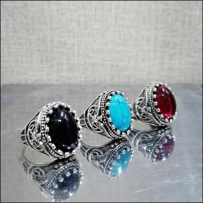 Turkish-Inspired Men's Ring Set of 3 Silver Plated Black Turquoise Red