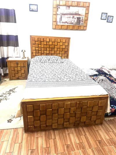 Pure wood single Bed with side table mattress and wall frame