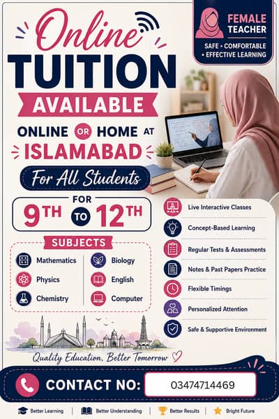 Online & Home Tuition for Female Students – Class 9th to 12th