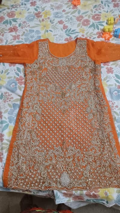 1 time used shafoon orange color hand work embroidery medium size