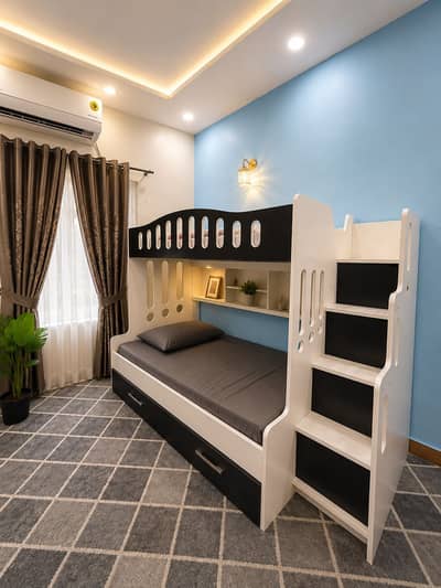 White & Black Kids Bunk Bed with Stairs & Storage