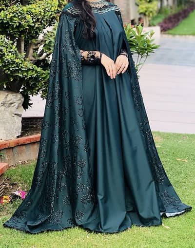 Elegant Dark Teal Maxi Dress with Embroidered Cape | Formal