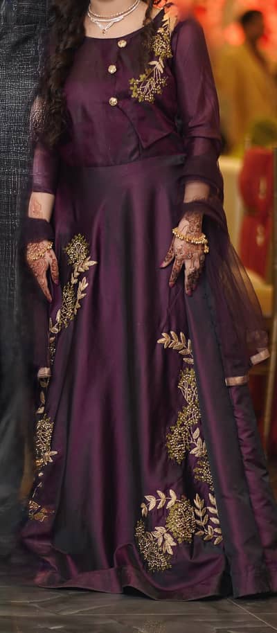 Elegant Deep Purple Embroidered Maxi Dress with Dupatta