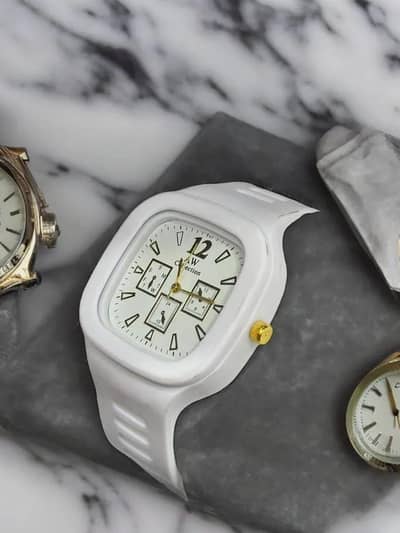 White Square Analog Watch with Gold Accents