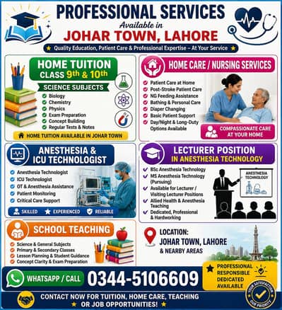 Home Tuition, Home Care & Anesthesia/ICU Services – Johar Town”