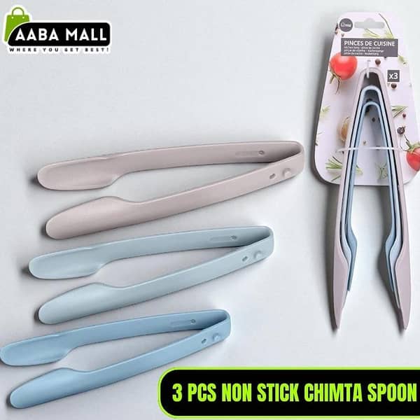 3 PCS Non Stick Chimta Spoon Plastic Tong Bread Tongs Set Food Clamp for Home Bakery Kitchen Utensil 3 in 1 Cooking