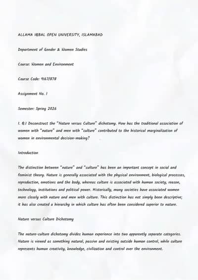 Solved Assignment  Bachelor’s Course Women and Environment spring 2026