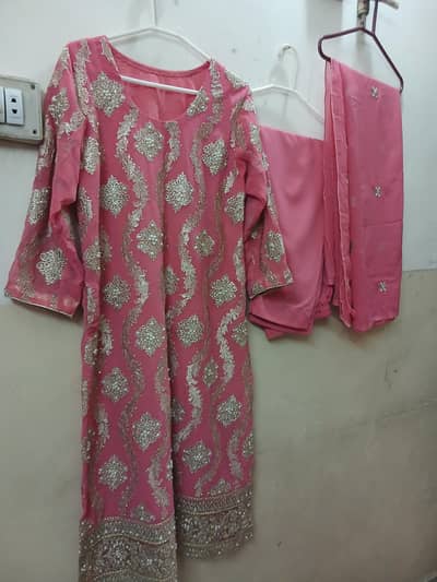 Beautiful Rose Pink Embroidered 3 Piece Suit | Party Wear