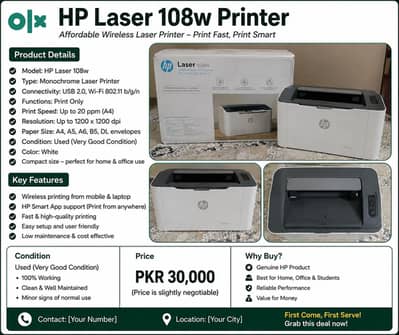 HP Laser 108w Wireless Printer – Excellent Condition