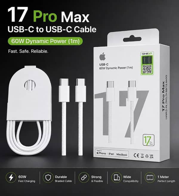 PACK OF 3 PCS 17 Pro Max 60W USB-C to USB-C Fast Charging Cable [1m] Premium Braided Type-C Data Sync Cord for iPhone, iPad, MacBook & Android Smartphones