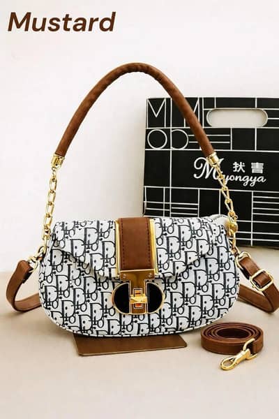 mustard Monogram shoulder bag with gold hardware free home delivery