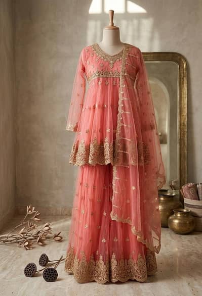  Coral Pink Net Frock with Lehenga & Dupatta 