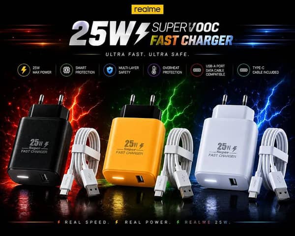 Realme 25W Light with Type-C Cable SuperVOOC Fast Charger Included | Ultra Fast Mobile Charging Adapter | Smart Multi-Layer Protection & Overheat Safety | Universal Compatibility USB-A Port Data Cable Compatible Wall Charger (Black)
