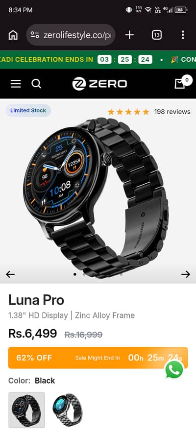 1.38" HD Display | Zinc Alloy Frame Zero lifestyle Watch Luna Pro .