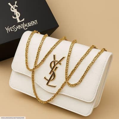 White cross body bag with gold chain strap for women