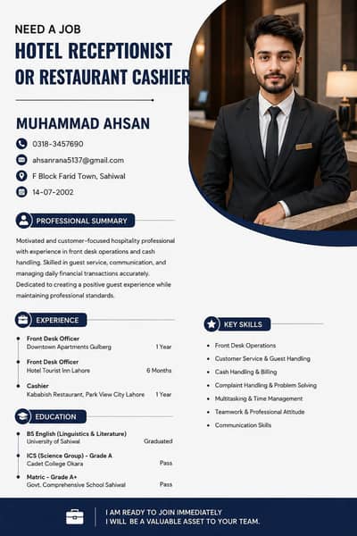 Need a job of Hotel Reception or Restaurant Cashier
