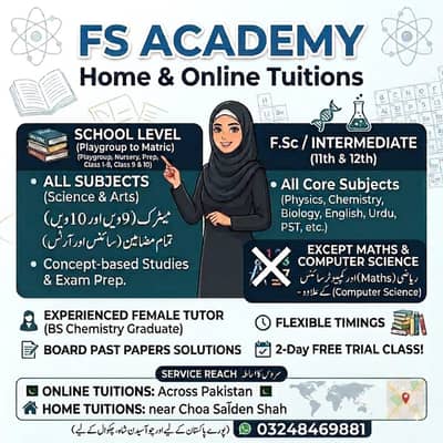 Female Tutor for Home & Online Tuitions (Playgroup to Intermediate)