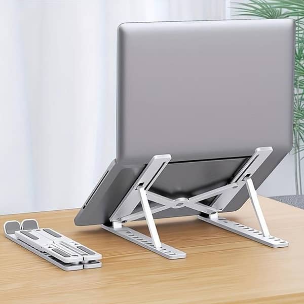 Portable Aluminum Foldable Laptop Stand with Adjustable Height and Anti-Slip Rubber Grips – Silver