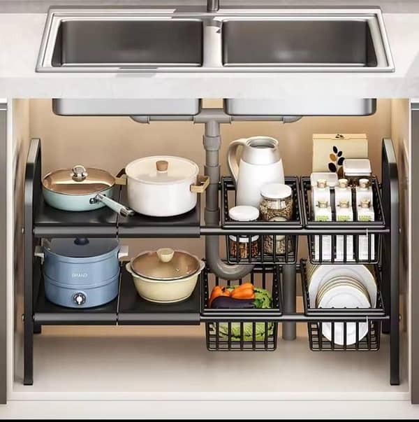 Iron Under-Sink Adjustable Rack: 2-Tier Expandable Heavy-Duty Shelf with 5 Removable Panels and 5 Storage Baskets, 16.5 inch Height. . . .