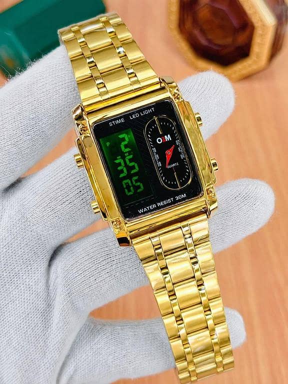 Luxury Gold Dual Display Men's Watch | Analog and LED Digital Timekeeping | Stainless Steel