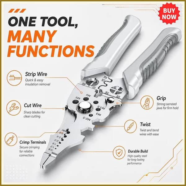 8.5 Inch Multi-Function Industrial Wire Stripper Cutter Crimper - Heavy-Duty Stainless Steel Electrical Pliers with Ergonomic Grip