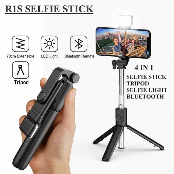 R1S Selfie Stick Tripod with Bluetooth Remote – Adjustable Extendable Phone Stand for Vlogging & Photography