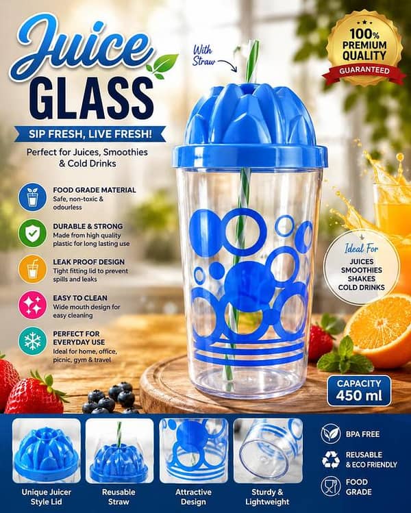 Premium 450ml Juice Glass with Straw | Reusable Cold Drink Cup | Leak Proof Lid | BPA Free