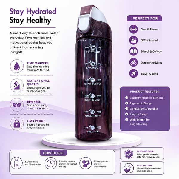 Motivational Time Marker Water Bottle with Flip-Top Leak-Resistant Lid