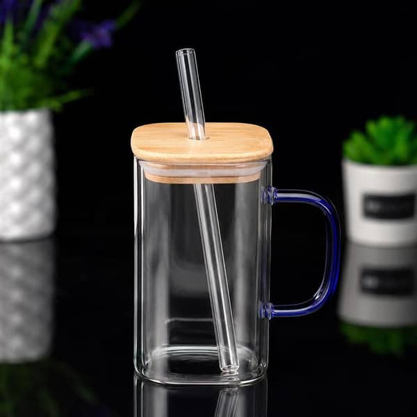 Glass Drinking Tumbler with Bamboo Lid and Reusable Straw