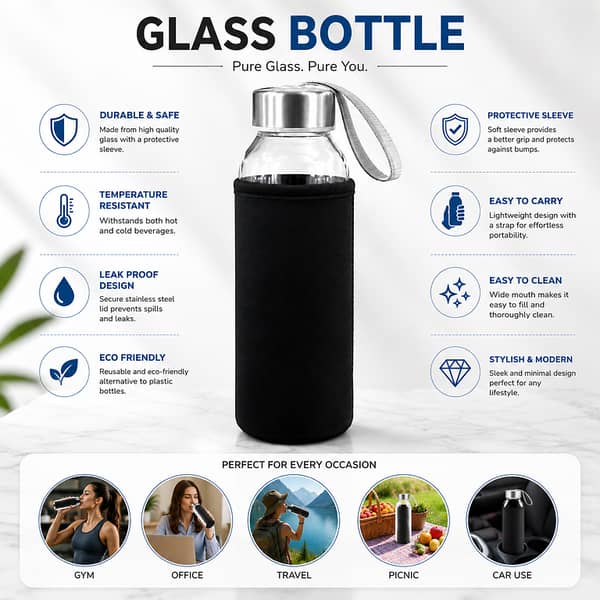 Premium Glass Water Bottle with Protective Sleeve, Stainless Steel Cap and Portable Carry Strap