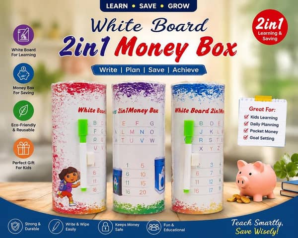 2 in 1 Money Box & White Board for Kids | Educational Savings Bank