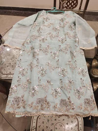 Fancy Mint Green Organza Embroidered 3-Piece Formal Suit