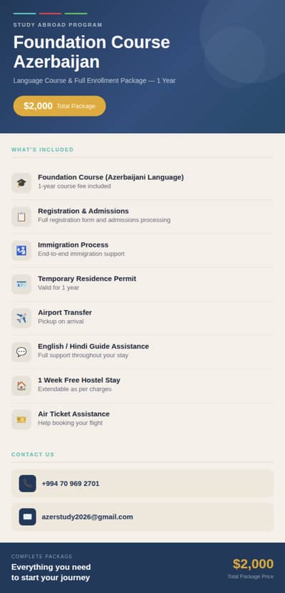  Study in Azerbaijan – Complete 1-Year Foundation Package for Only