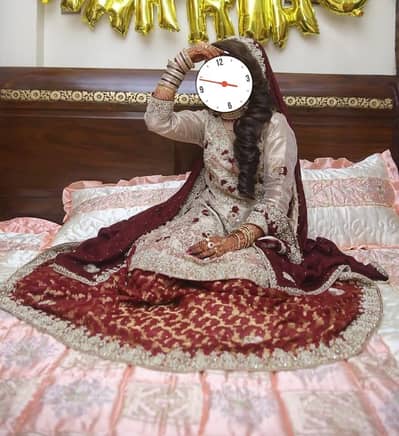 Bridal Nikkah 4 pcs sharara in copper golden and maroon color