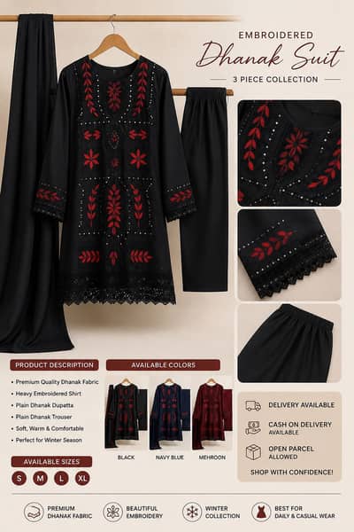 Embroidered Dhanak 3-Piece Suit